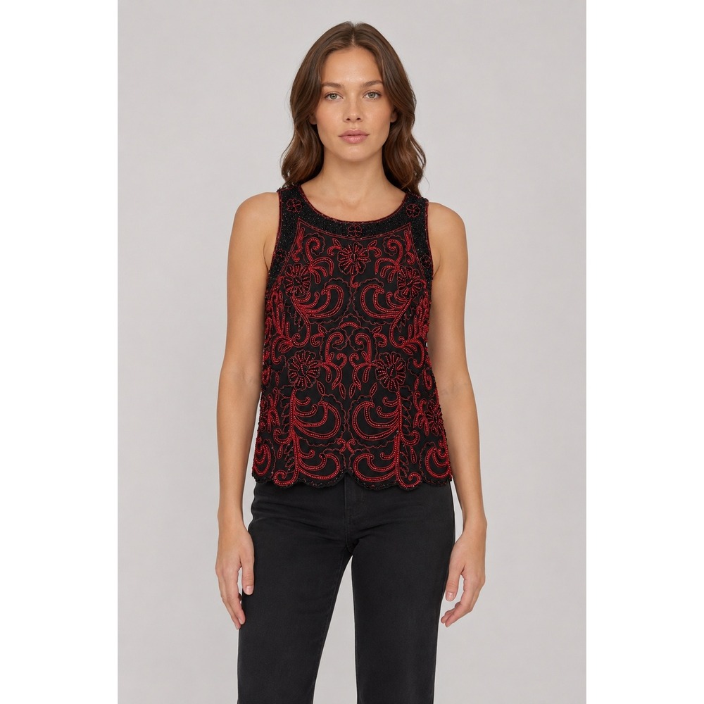 JKARA Beaded Top Women S Black Floral Blouse Y2K Gothic Whimsigoth Romantic Tank